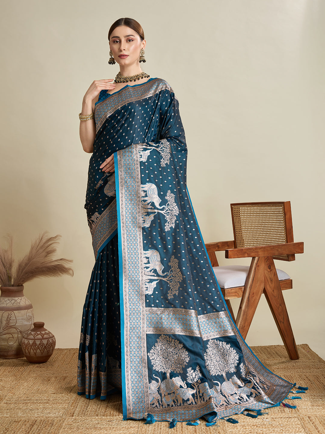 Vedant Vastram Soft Litchi SIlk Banarasi Silk Jacquard Saree - Firozi | Grocsy