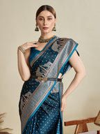 Vedant Vastram Soft Litchi SIlk Banarasi Silk Jacquard Saree - Firozi | Grocsy