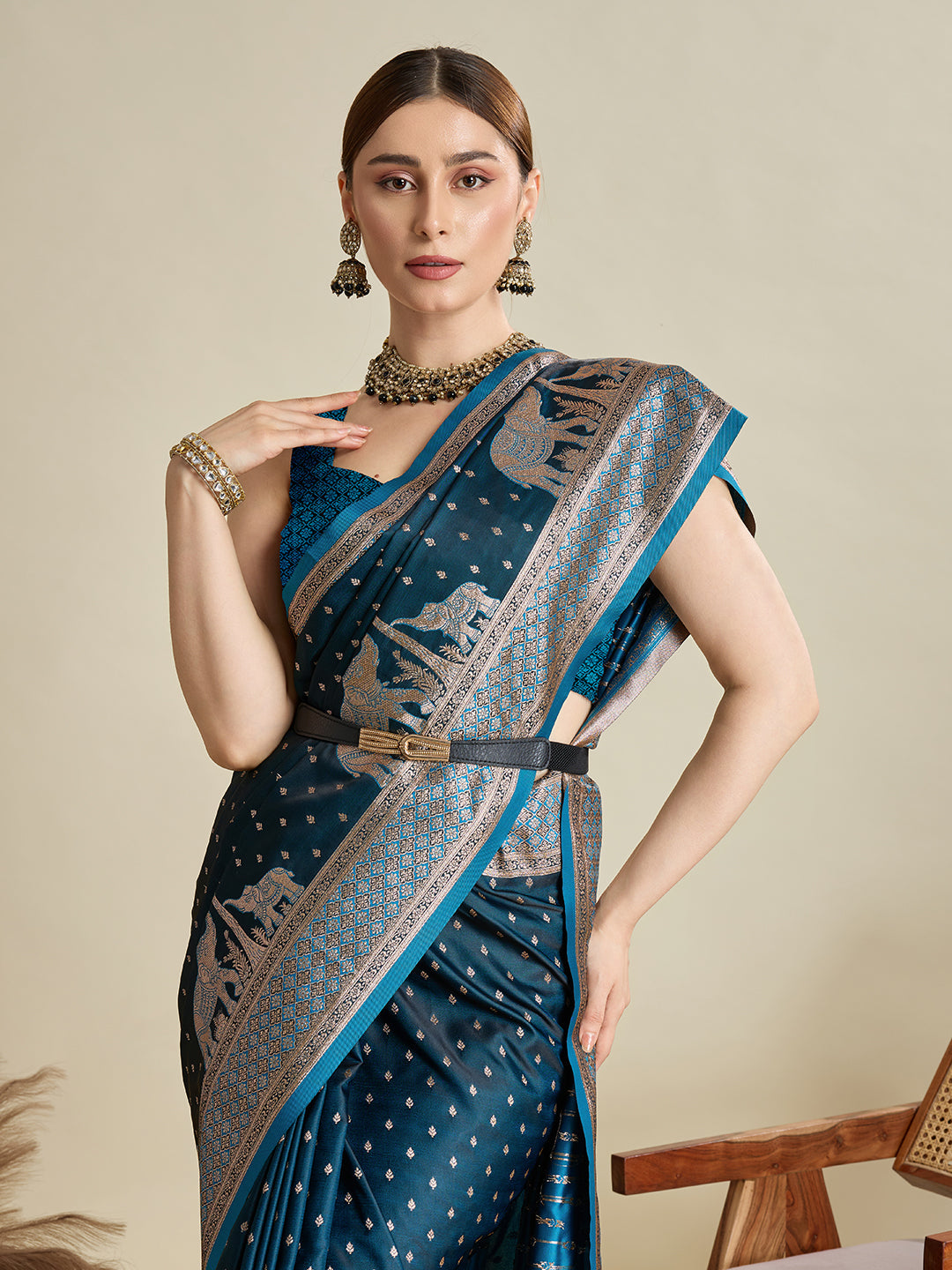 Vedant Vastram Soft Litchi SIlk Banarasi Silk Jacquard Saree - Firozi | Grocsy