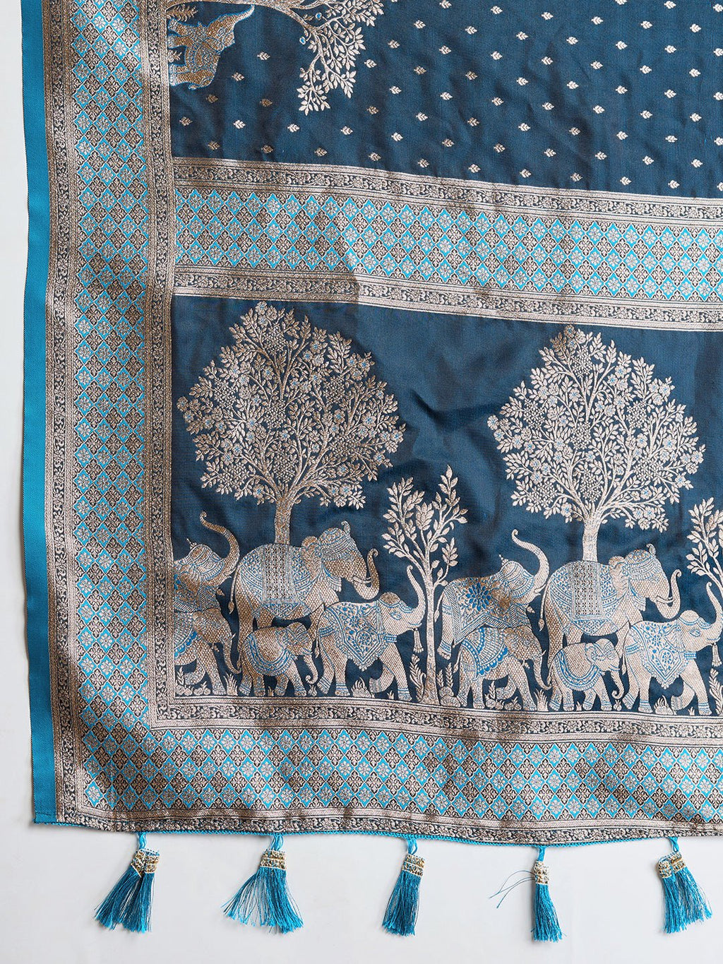 Vedant Vastram Soft Litchi SIlk Banarasi Silk Jacquard Saree - Firozi | Grocsy