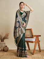 Vedant Vastram Soft Litchi SIlk Banarasi Silk Jacquard Saree - Green | Grocsy