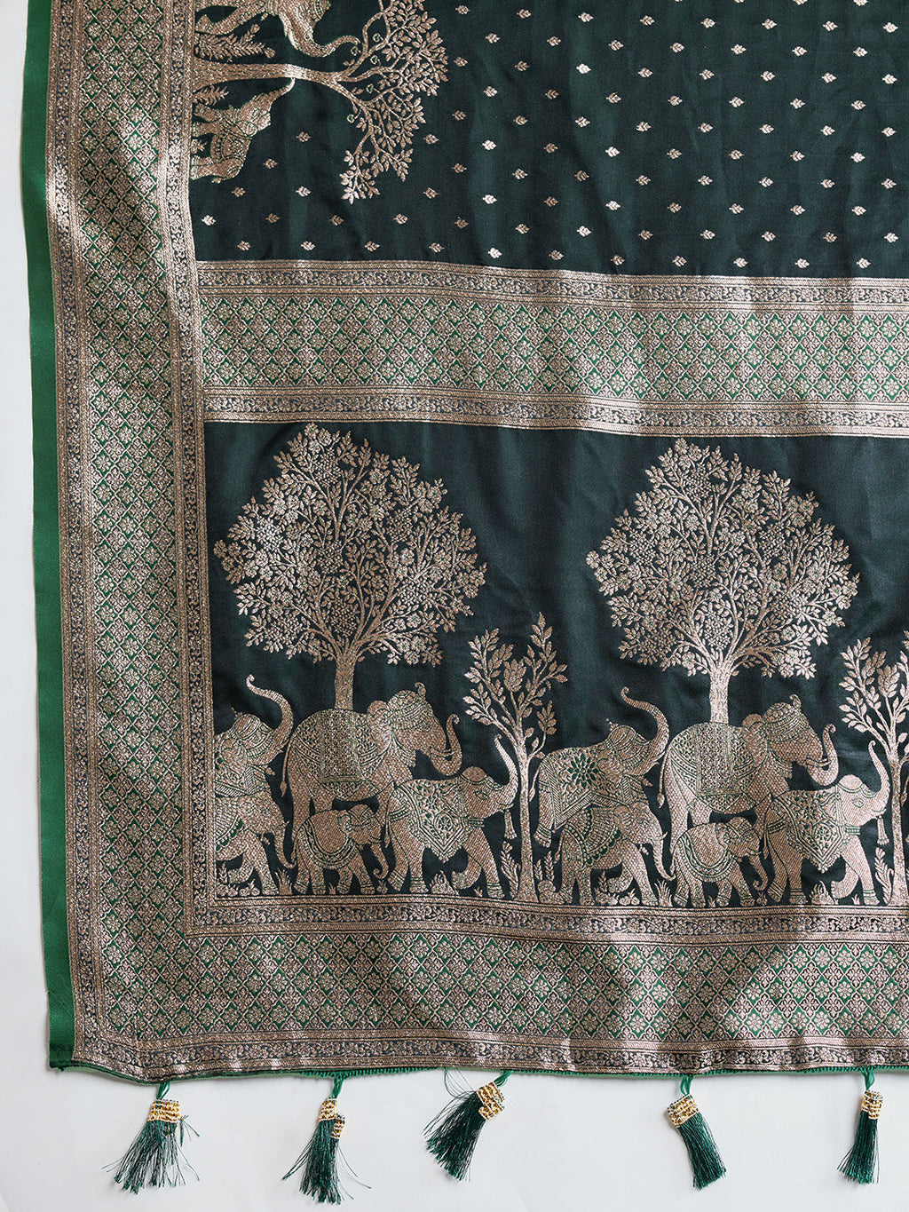 Vedant Vastram Soft Litchi SIlk Banarasi Silk Jacquard Saree - Green | Grocsy