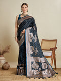Vedant Vastram Soft Litchi SIlk Banarasi Silk Jacquard Saree - Navy Blue | Grocsy