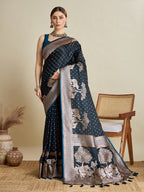 Vedant Vastram Soft Litchi SIlk Banarasi Silk Jacquard Saree - Navy Blue | Grocsy