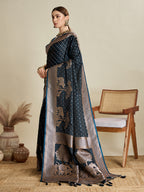 Vedant Vastram Soft Litchi SIlk Banarasi Silk Jacquard Saree - Navy Blue | Grocsy