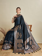 Vedant Vastram Soft Litchi SIlk Banarasi Silk Jacquard Saree - Navy Blue | Grocsy