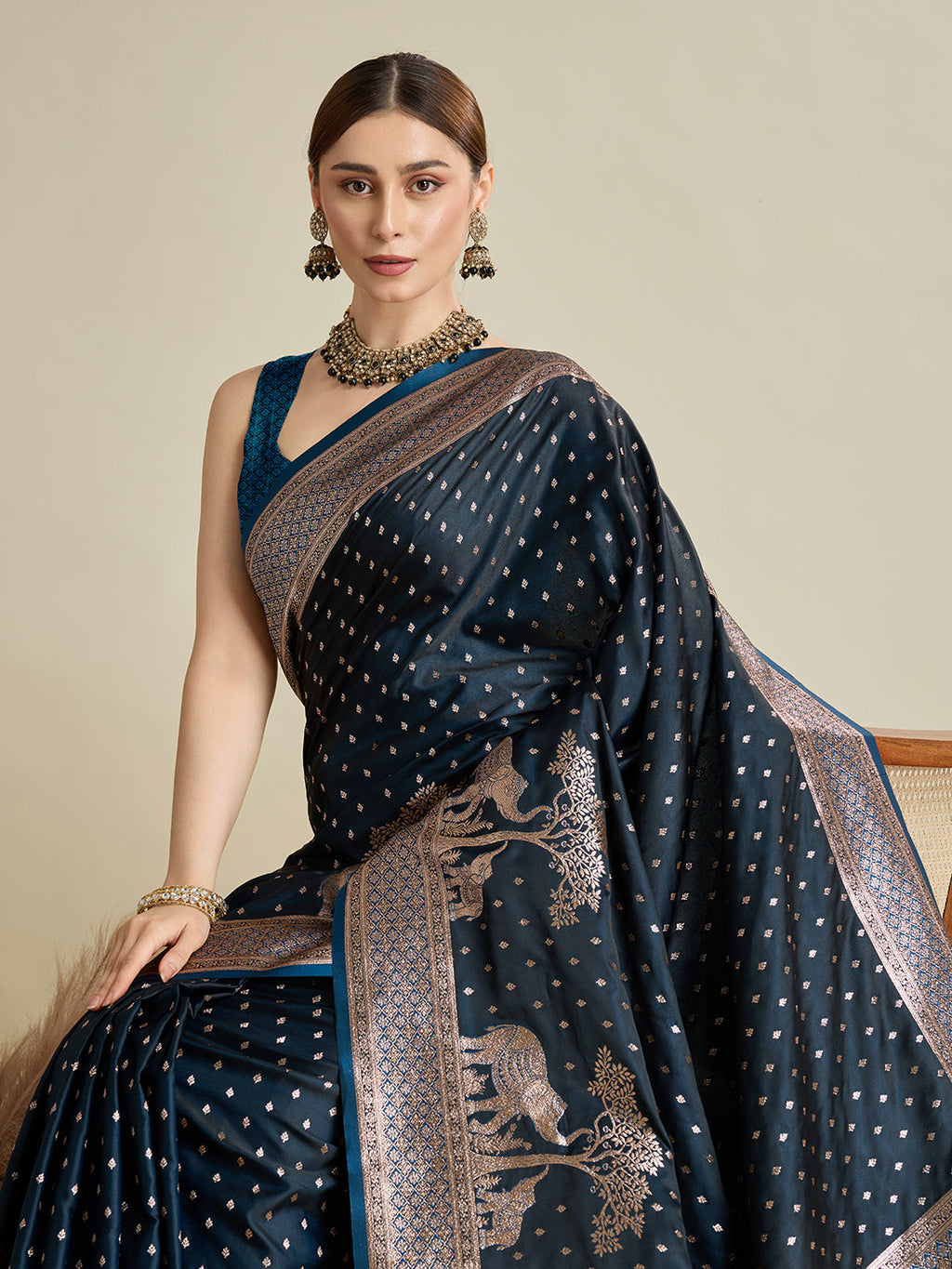 Vedant Vastram Soft Litchi SIlk Banarasi Silk Jacquard Saree - Navy Blue | Grocsy