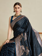 Vedant Vastram Soft Litchi SIlk Banarasi Silk Jacquard Saree - Navy Blue | Grocsy