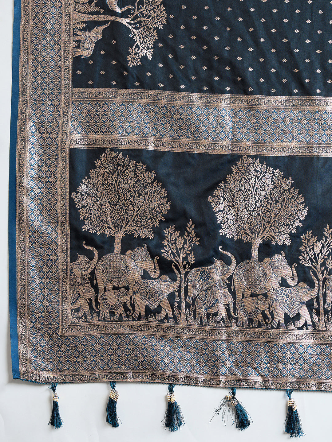 Vedant Vastram Soft Litchi SIlk Banarasi Silk Jacquard Saree - Navy Blue | Grocsy