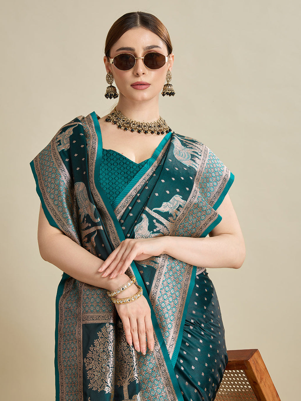 Vedant Vastram Soft Litchi SIlk Banarasi Silk Jacquard Saree - Rama | Grocsy