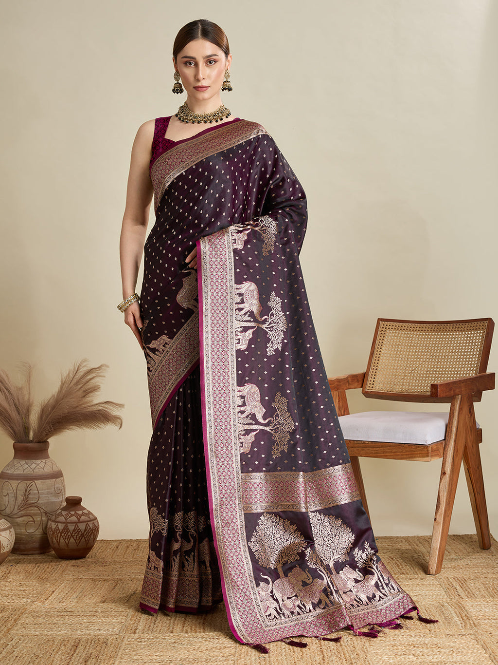 Vedant Vastram Soft Litchi SIlk Banarasi Silk Jacquard Saree - Wine | Grocsy