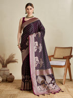 Vedant Vastram Soft Litchi SIlk Banarasi Silk Jacquard Saree - Wine | Grocsy