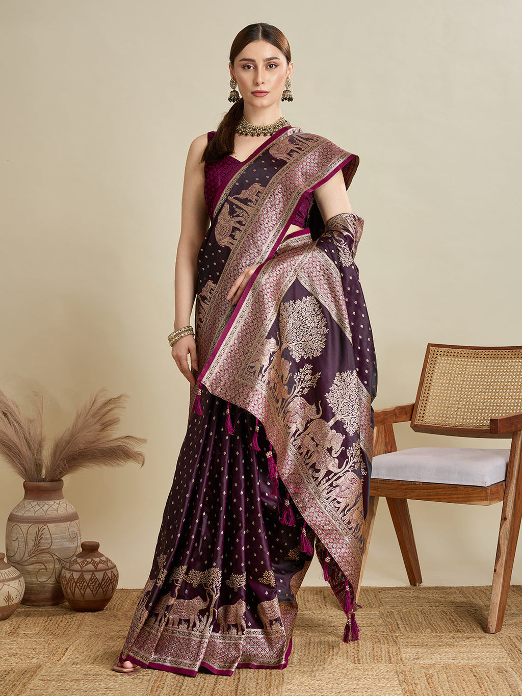 Vedant Vastram Soft Litchi SIlk Banarasi Silk Jacquard Saree - Wine | Grocsy