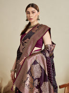 Vedant Vastram Soft Litchi SIlk Banarasi Silk Jacquard Saree - Wine | Grocsy