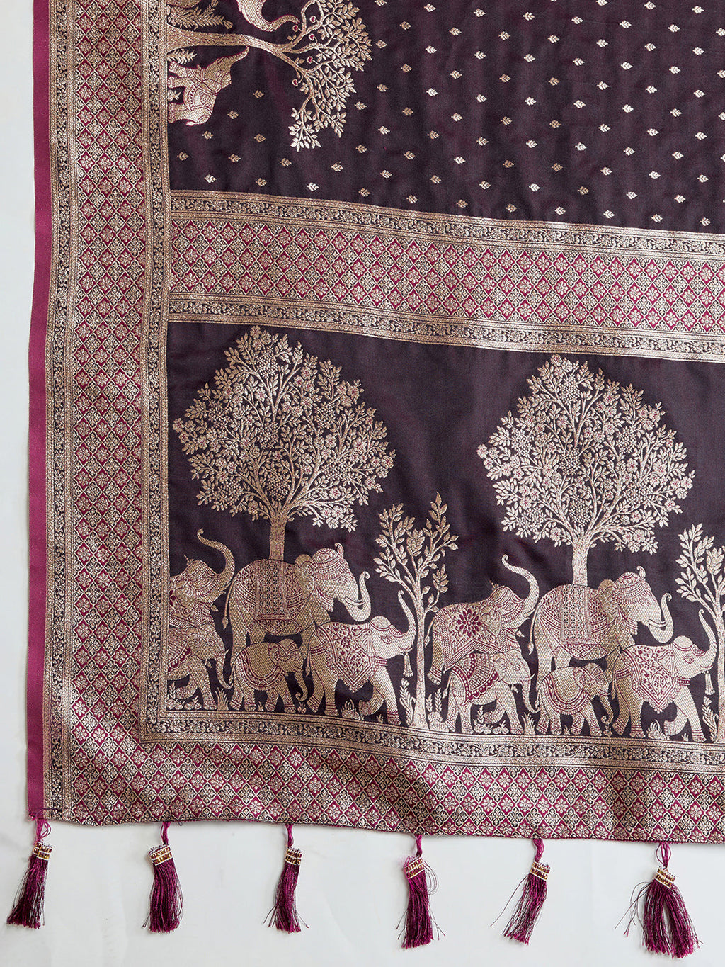 Vedant Vastram Soft Litchi SIlk Banarasi Silk Jacquard Saree - Wine | Grocsy