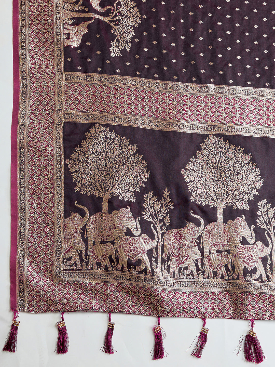 Vedant Vastram Soft Litchi SIlk Banarasi Silk Jacquard Saree - Wine | Grocsy