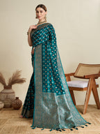 Vedant Vastram Soft Litchi SIlk Banarasi Silk Jacquard Saree - Firozi | Grocsy