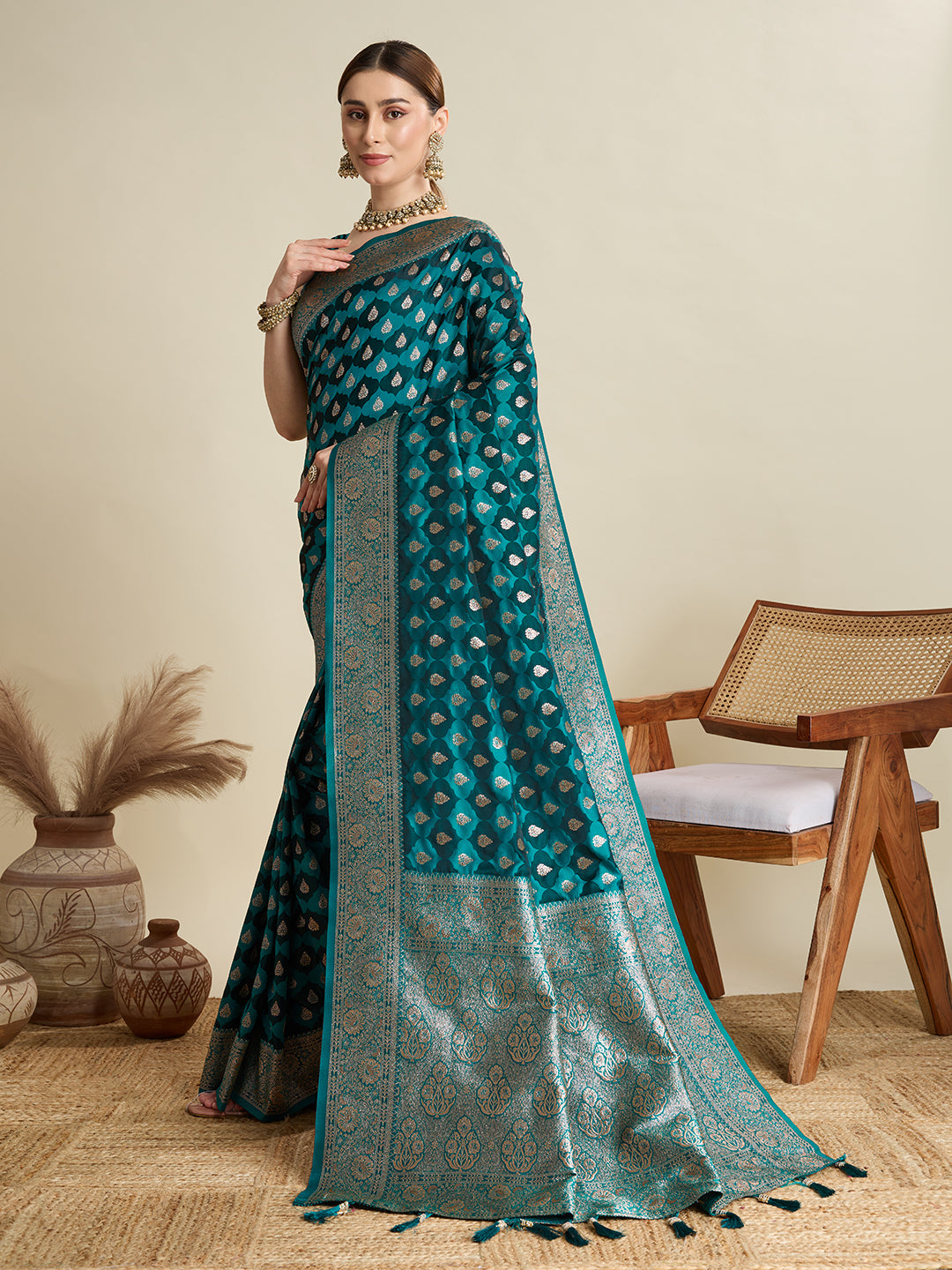 Vedant Vastram Soft Litchi SIlk Banarasi Silk Jacquard Saree - Firozi | Grocsy