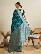 Vedant Vastram Soft Litchi SIlk Banarasi Silk Jacquard Saree - Firozi | Grocsy