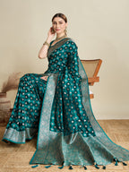 Vedant Vastram Soft Litchi SIlk Banarasi Silk Jacquard Saree - Firozi | Grocsy