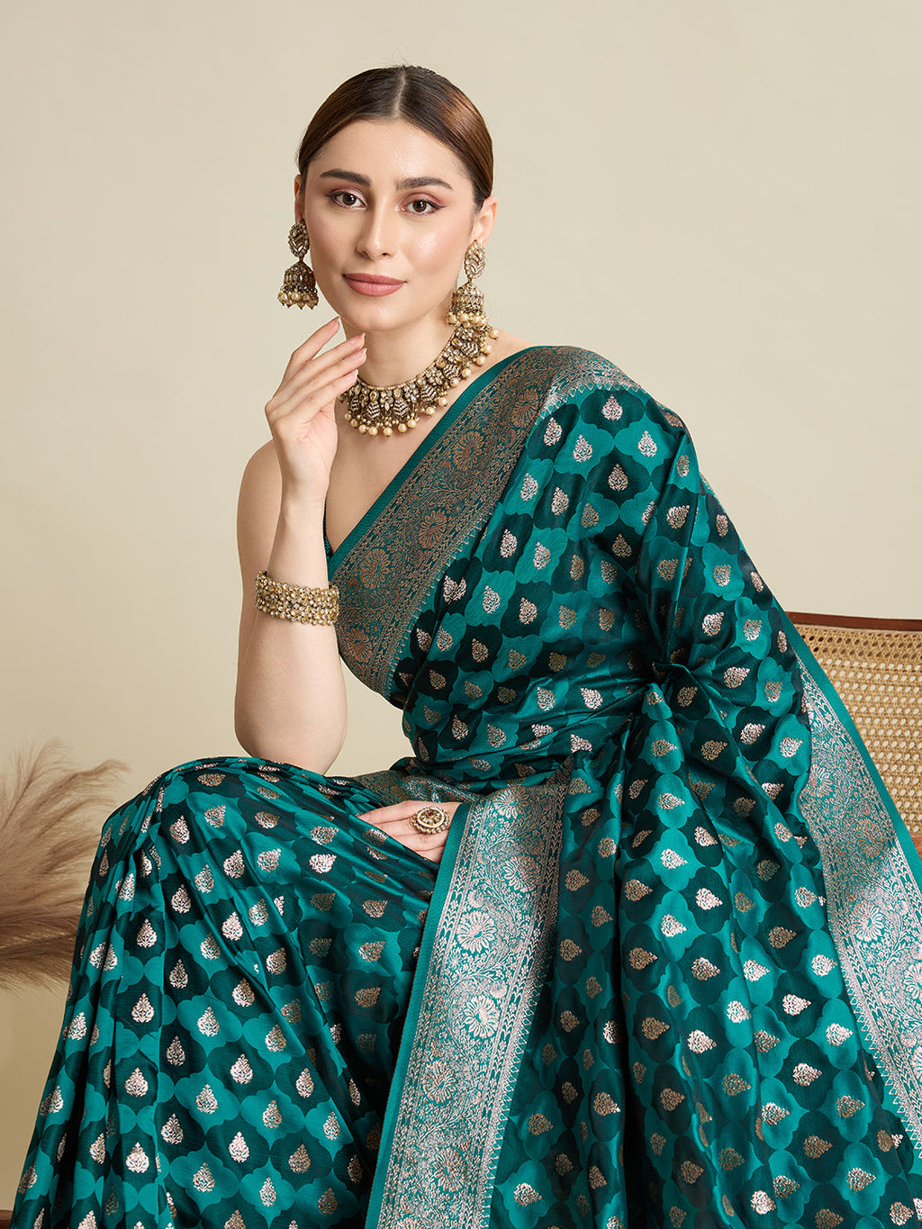 Vedant Vastram Soft Litchi SIlk Banarasi Silk Jacquard Saree - Firozi | Grocsy