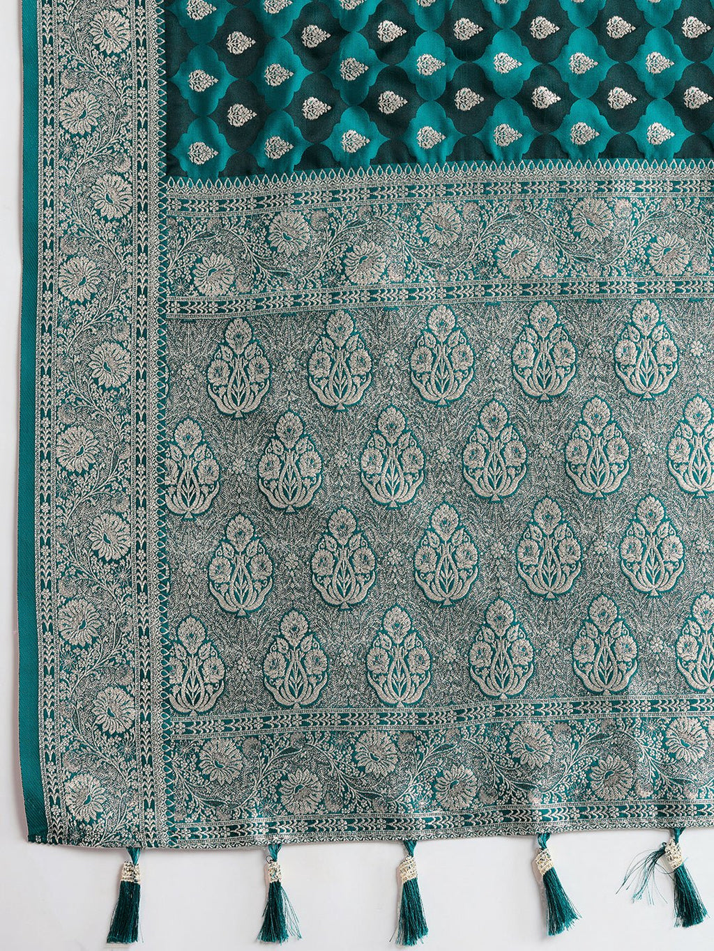 Vedant Vastram Soft Litchi SIlk Banarasi Silk Jacquard Saree - Firozi | Grocsy
