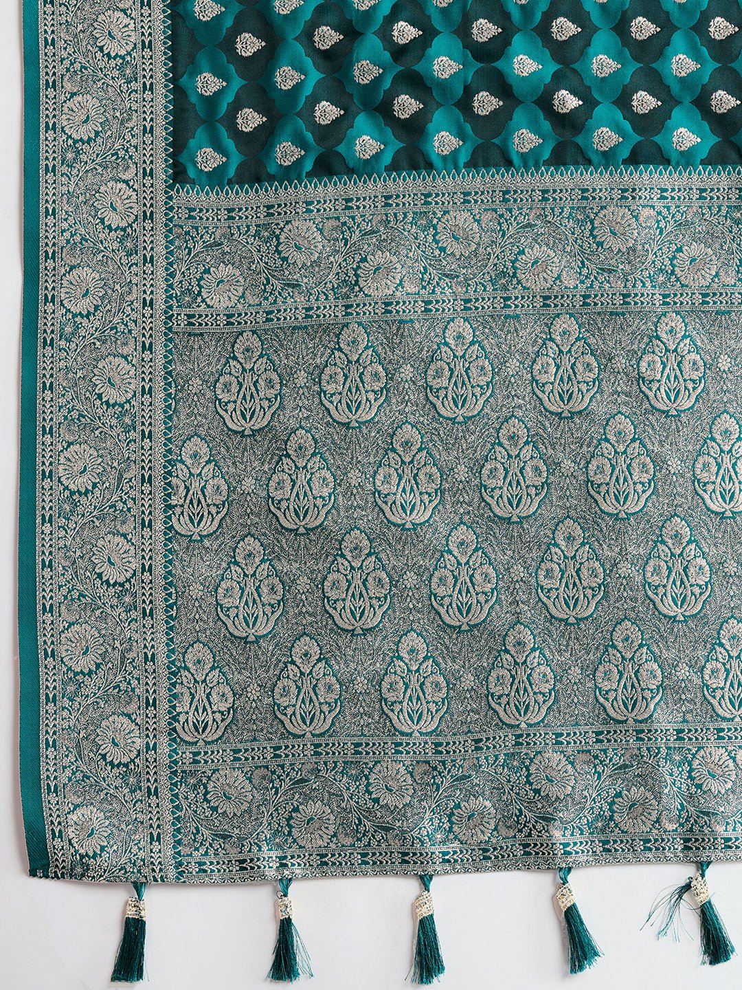 Vedant Vastram Soft Litchi SIlk Banarasi Silk Jacquard Saree - Firozi | Grocsy