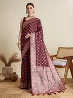Vedant Vastram Soft Litchi SIlk Banarasi Silk Jacquard Saree - Maroon | Grocsy