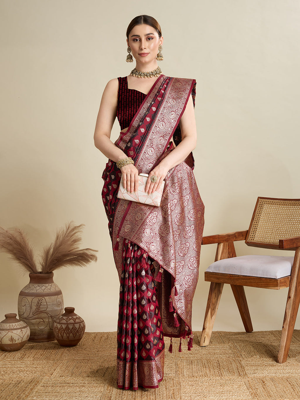 Vedant Vastram Soft Litchi SIlk Banarasi Silk Jacquard Saree - Maroon | Grocsy