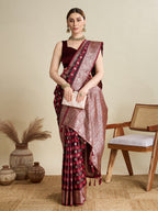 Vedant Vastram Soft Litchi SIlk Banarasi Silk Jacquard Saree - Maroon | Grocsy