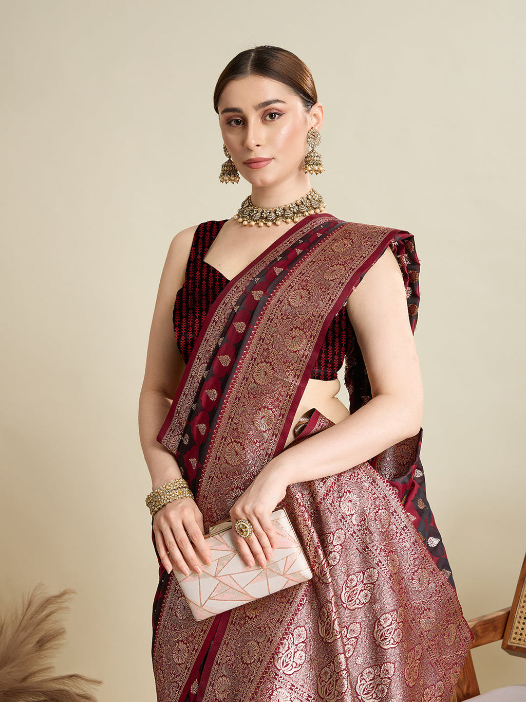 Vedant Vastram Soft Litchi SIlk Banarasi Silk Jacquard Saree - Maroon | Grocsy