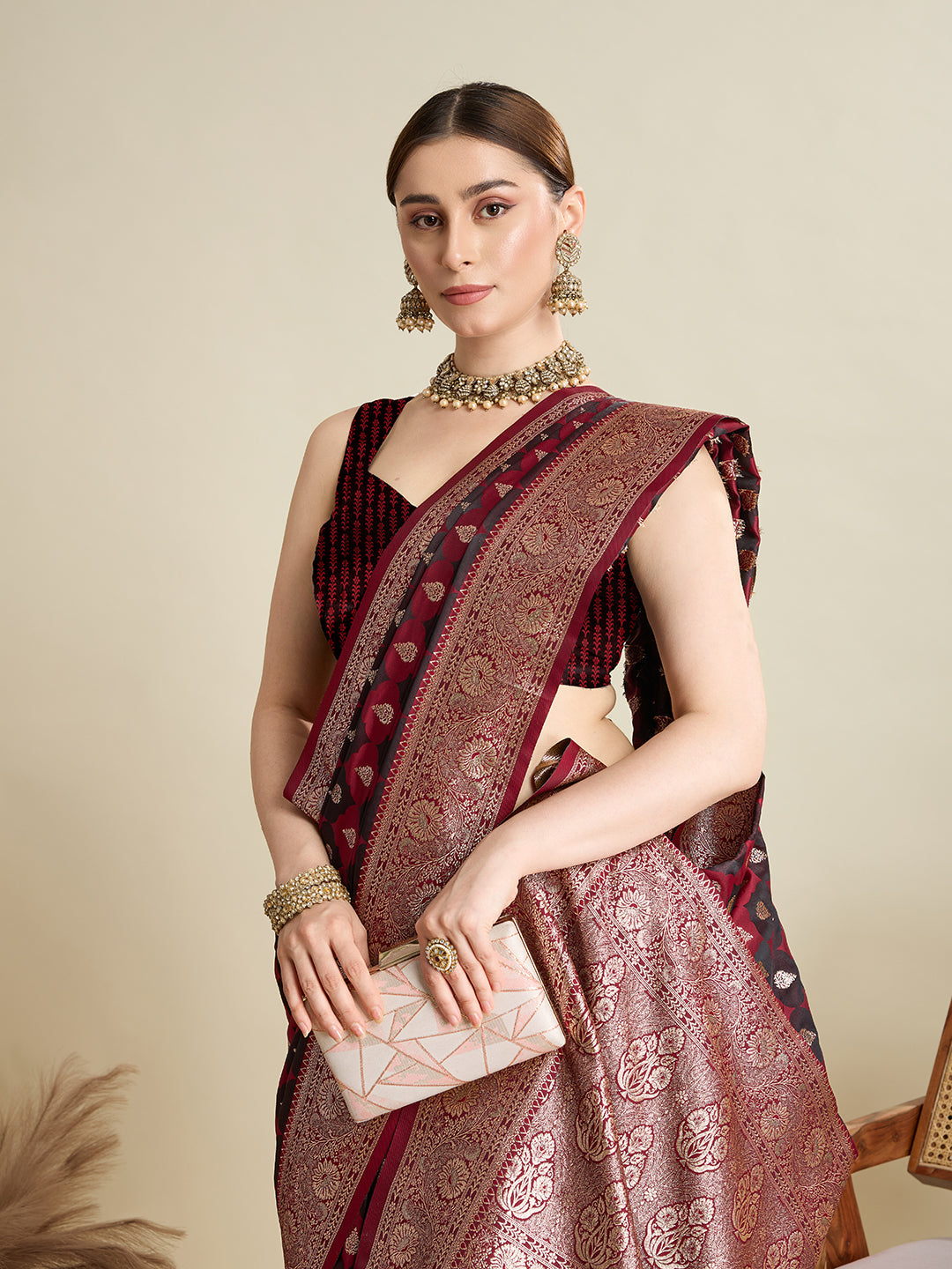 Vedant Vastram Soft Litchi SIlk Banarasi Silk Jacquard Saree - Maroon | Grocsy