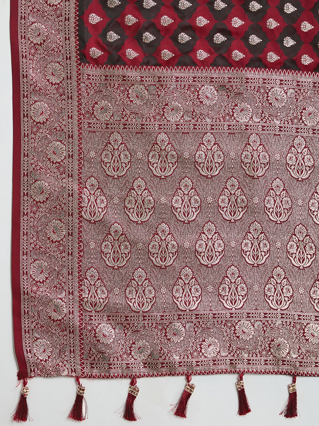 Vedant Vastram Soft Litchi SIlk Banarasi Silk Jacquard Saree - Maroon | Grocsy