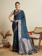 Vedant Vastram Soft Litchi SIlk Banarasi Silk Jacquard Saree - Navy Blue | Grocsy