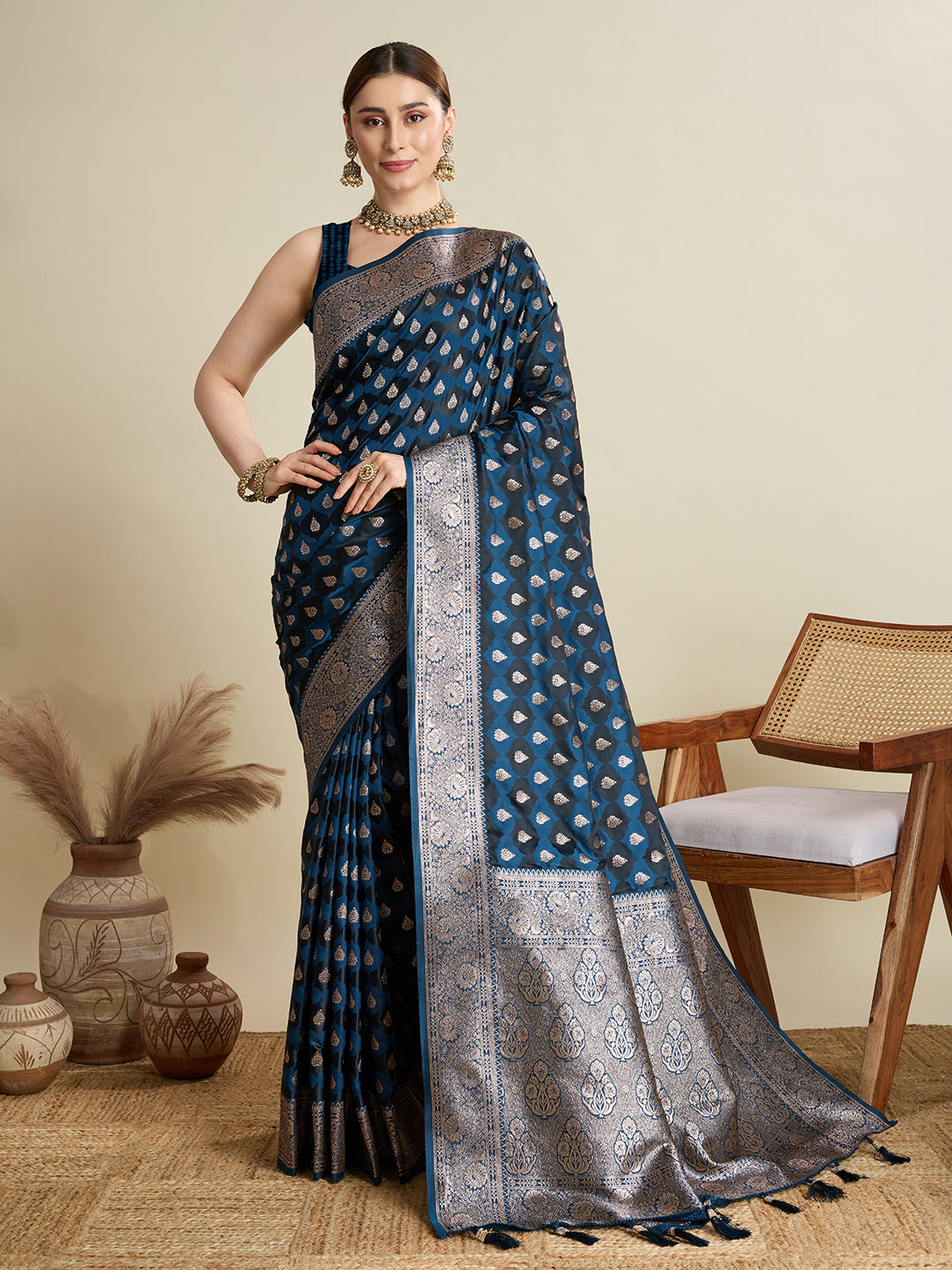 Vedant Vastram Soft Litchi SIlk Banarasi Silk Jacquard Saree - Navy Blue | Grocsy