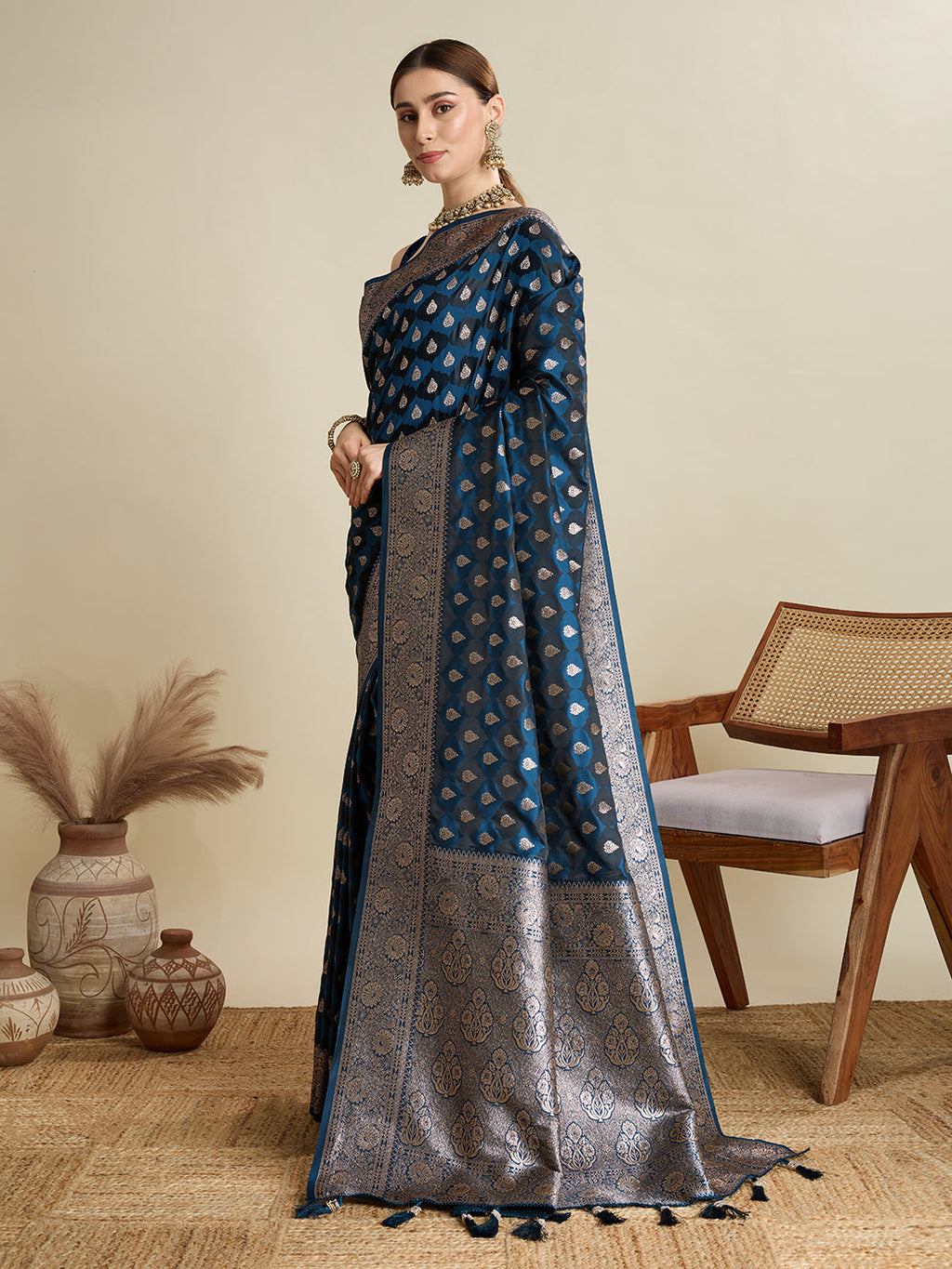 Vedant Vastram Soft Litchi SIlk Banarasi Silk Jacquard Saree - Navy Blue | Grocsy