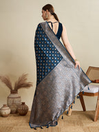 Vedant Vastram Soft Litchi SIlk Banarasi Silk Jacquard Saree - Navy Blue | Grocsy