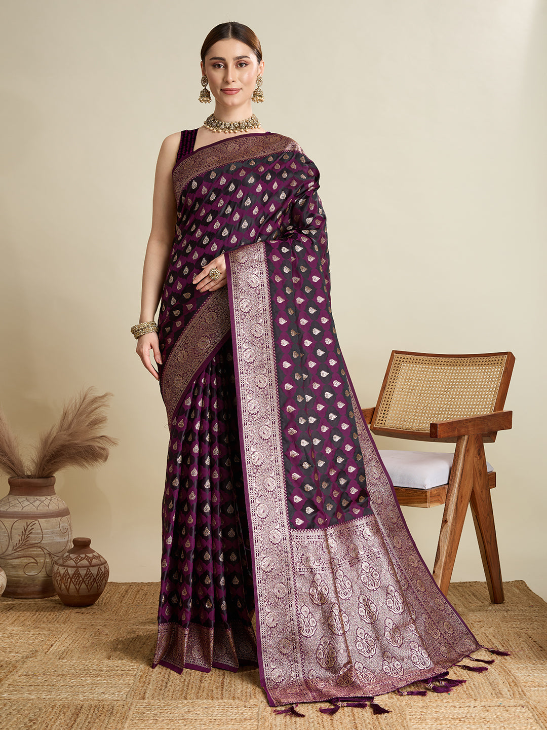 Vedant Vastram Soft Litchi SIlk Banarasi Silk Jacquard Saree - Wine | Grocsy
