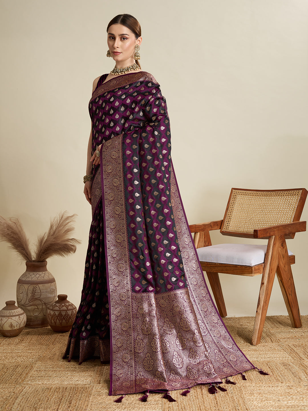 Vedant Vastram Soft Litchi SIlk Banarasi Silk Jacquard Saree - Wine | Grocsy