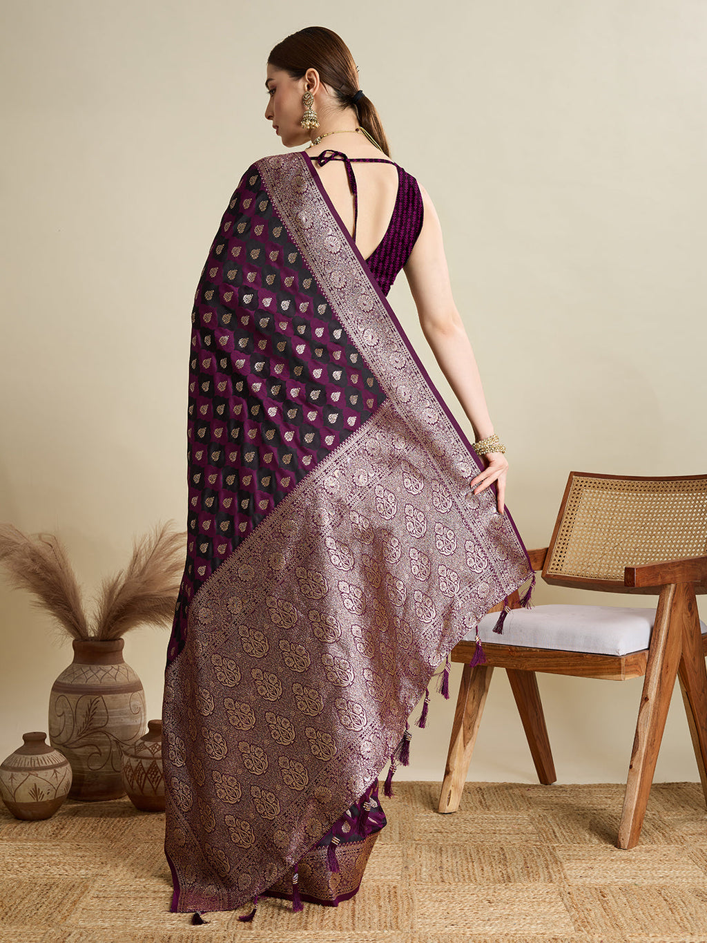 Vedant Vastram Soft Litchi SIlk Banarasi Silk Jacquard Saree - Wine | Grocsy