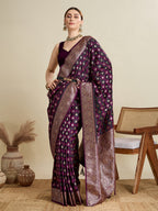 Vedant Vastram Soft Litchi SIlk Banarasi Silk Jacquard Saree - Wine | Grocsy