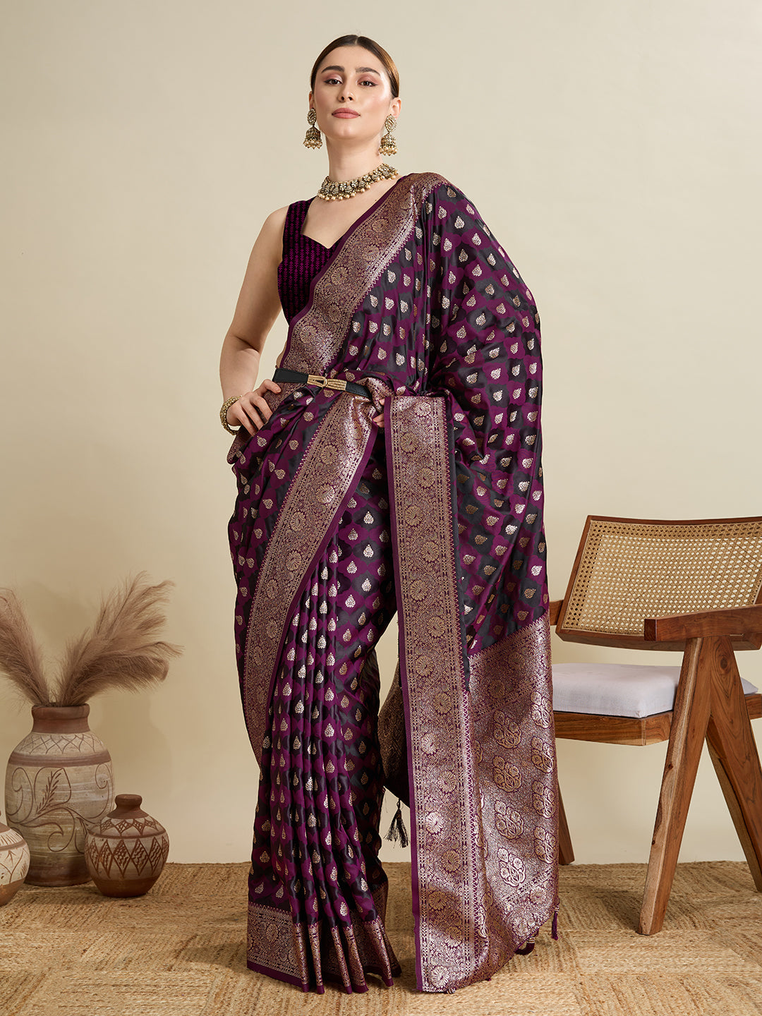 Vedant Vastram Soft Litchi SIlk Banarasi Silk Jacquard Saree - Wine | Grocsy