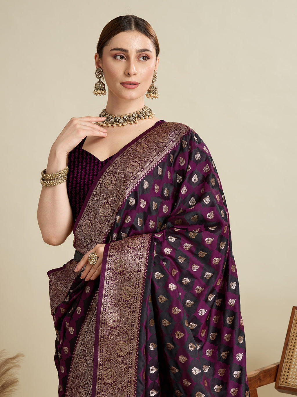 Vedant Vastram Soft Litchi SIlk Banarasi Silk Jacquard Saree - Wine | Grocsy