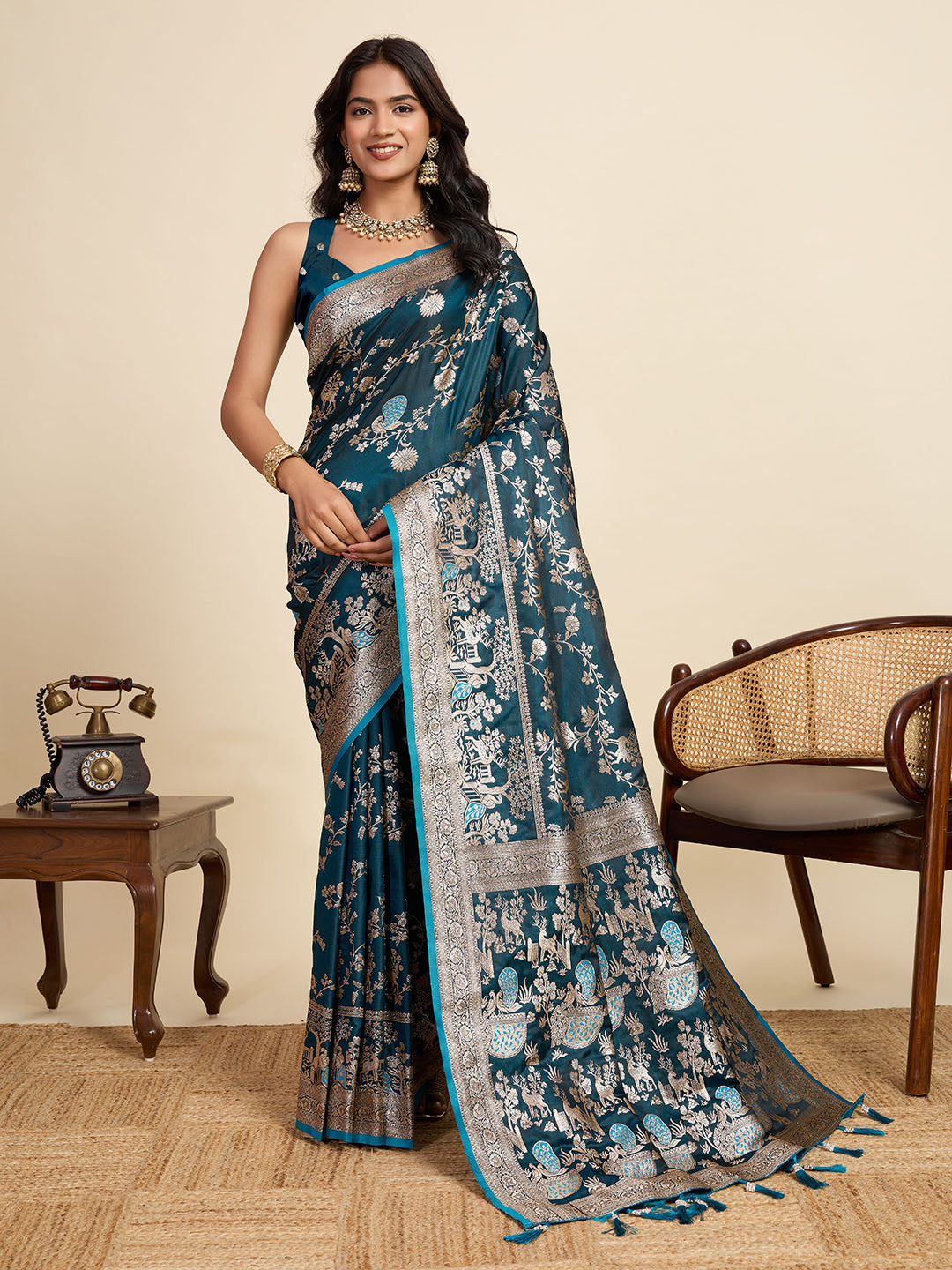 Vedant Vastram Soft Litchi Silk Paithani Jacquard Saree - Firozi | Grocsy