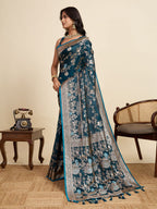 Vedant Vastram Soft Litchi Silk Paithani Jacquard Saree - Firozi | Grocsy