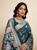 Vedant Vastram Soft Litchi Silk Paithani Jacquard Saree - Firozi | Grocsy