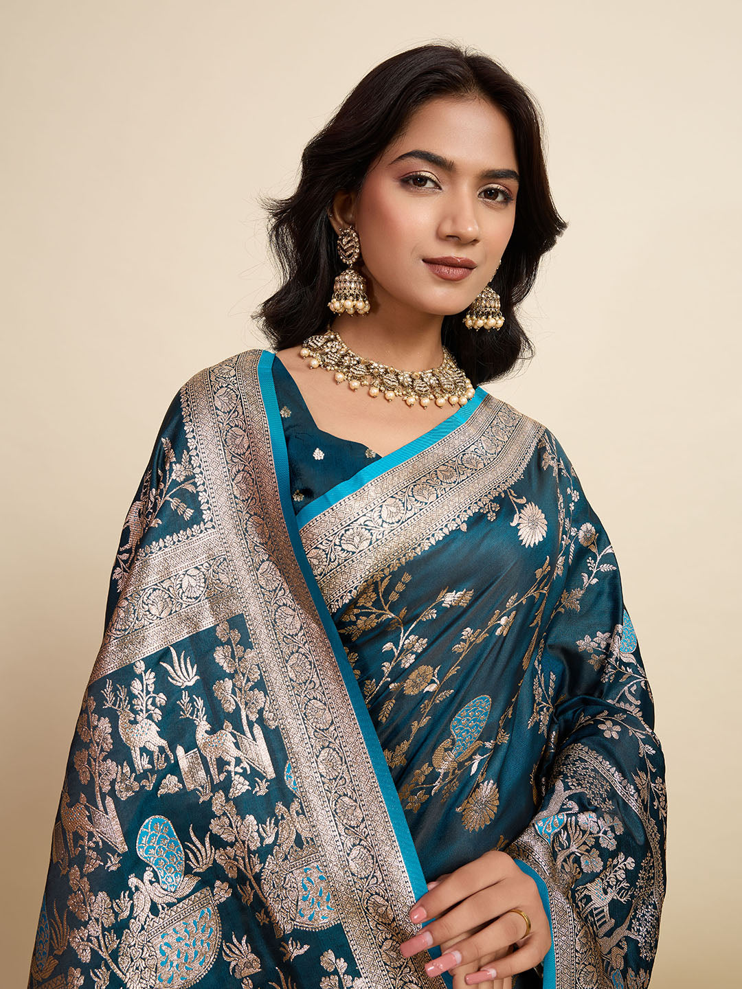 Vedant Vastram Soft Litchi Silk Paithani Jacquard Saree - Firozi | Grocsy