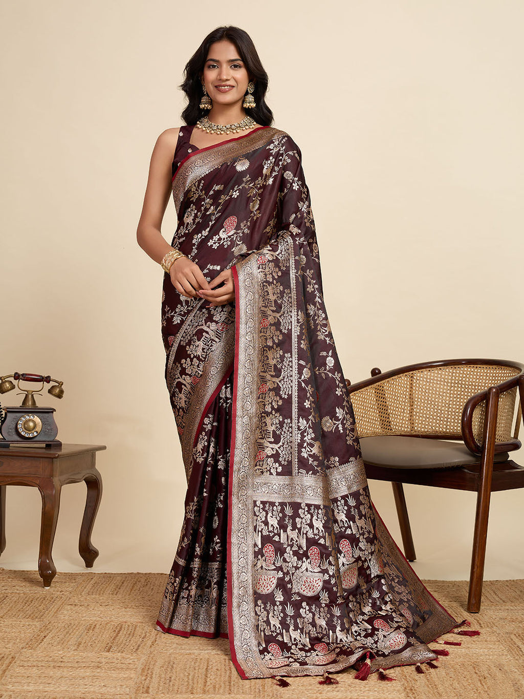 Vedant Vastram Soft Litchi Silk Paithani Jacquard Saree - Maroon | Grocsy
