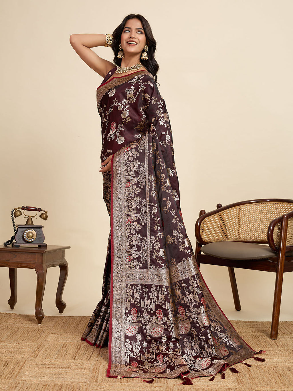 Vedant Vastram Soft Litchi Silk Paithani Jacquard Saree - Maroon | Grocsy
