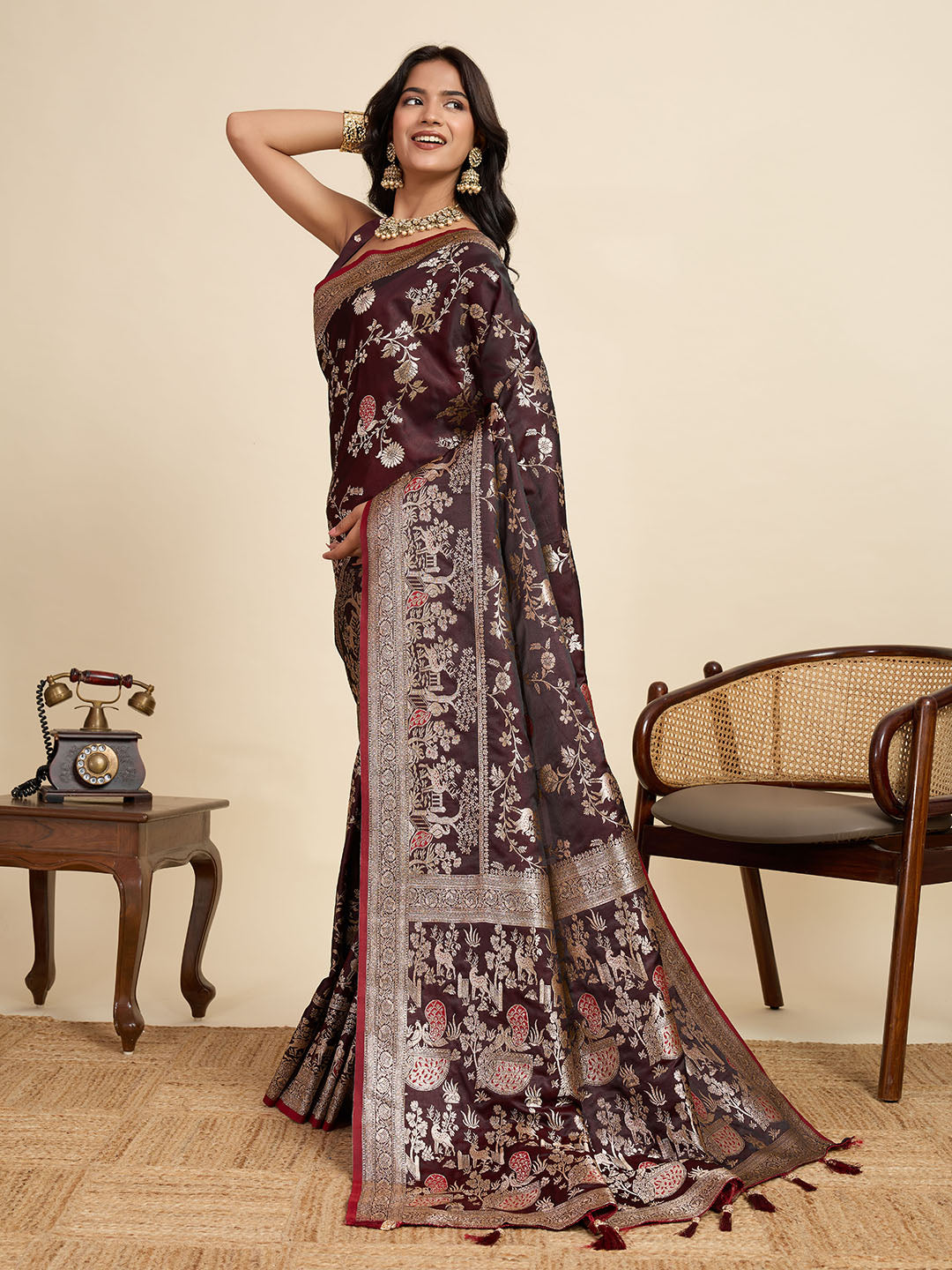 Vedant Vastram Soft Litchi Silk Paithani Jacquard Saree - Maroon | Grocsy